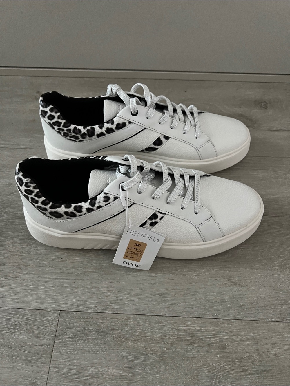 Geox White Sneakers with Black & White Leopard Accent
